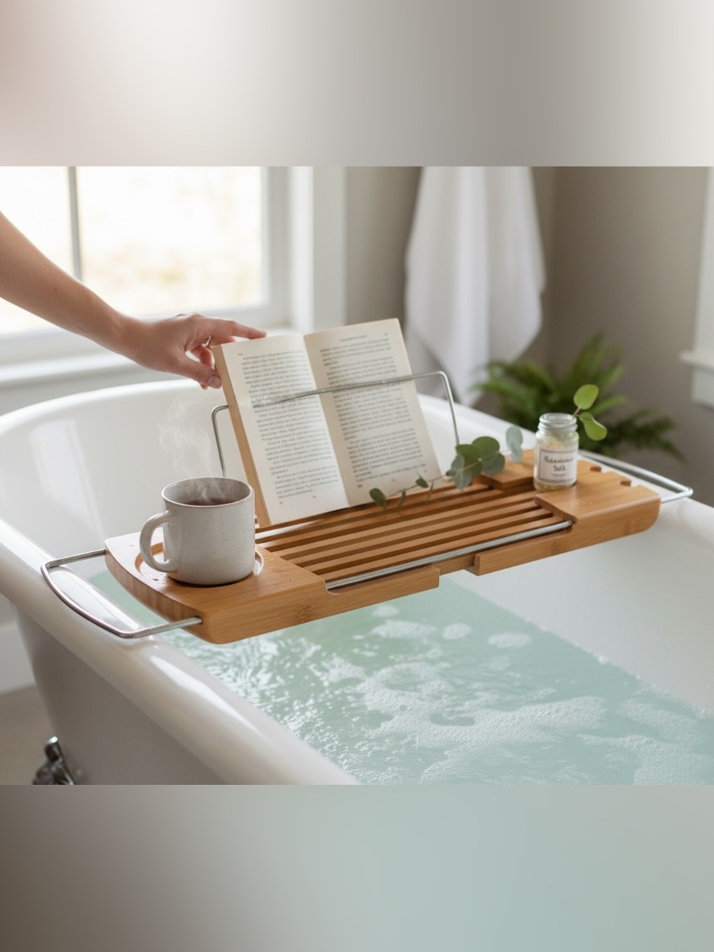Umbra Bamboo Bathtub Caddy Tray Extendable Wood Bath Organizer Book Wine Holder